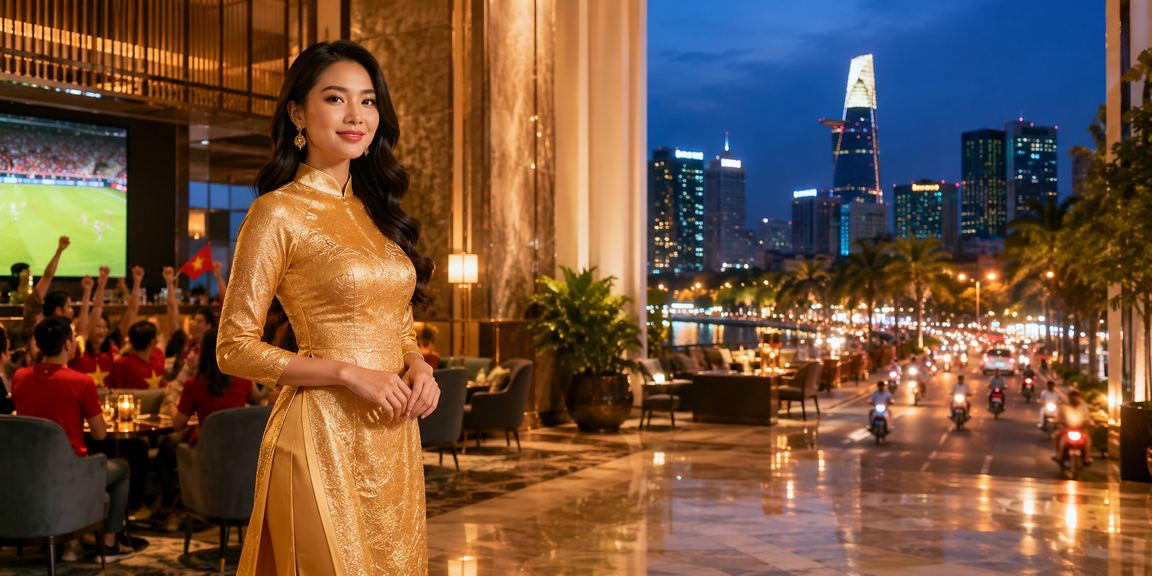 Người phụ nữ mặc áo dài tại TP. Hồ Chí Minh sử dụng điện thoại để tham gia xổ số và casino trực tuyến