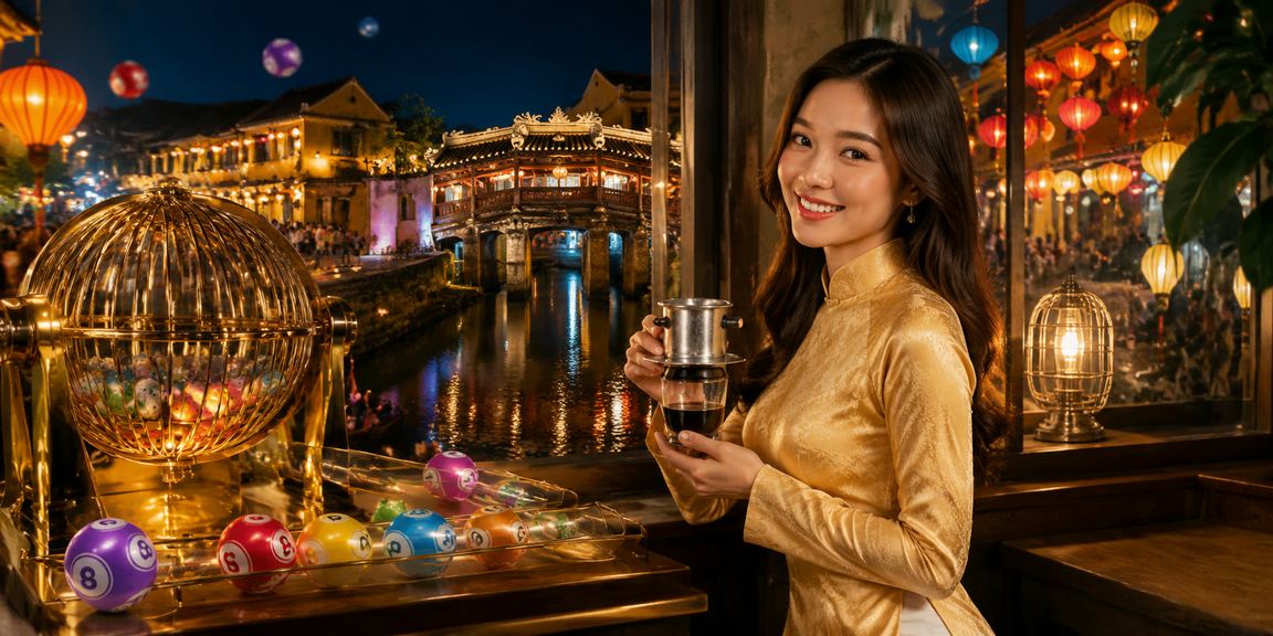 Người phụ nữ mặc áo dài tại Hội An tham gia mua vé xổ số trực tuyến bên phố cổ